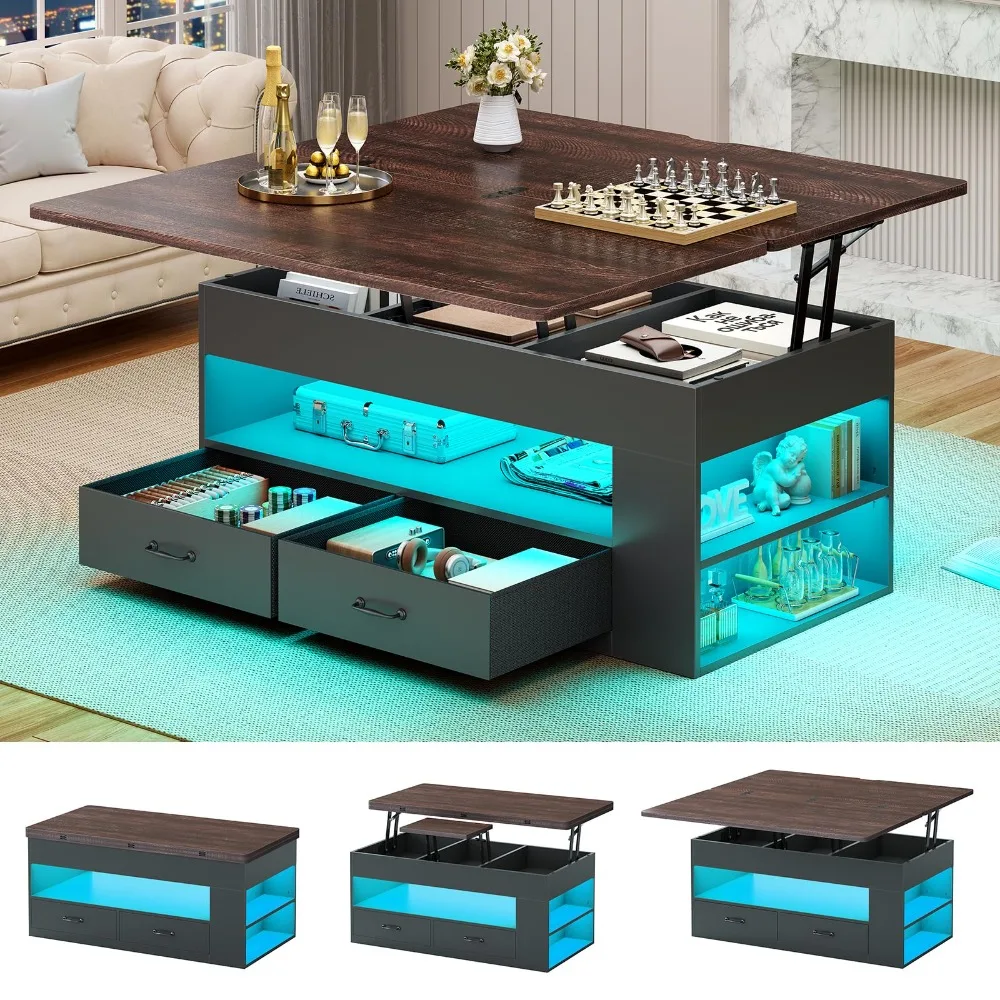 Lift Top Coffee Table, 4 in 1 Coffee Tables with Storage and Hidden Compartment, Farmhouse Coffee Table with 2 Fabric