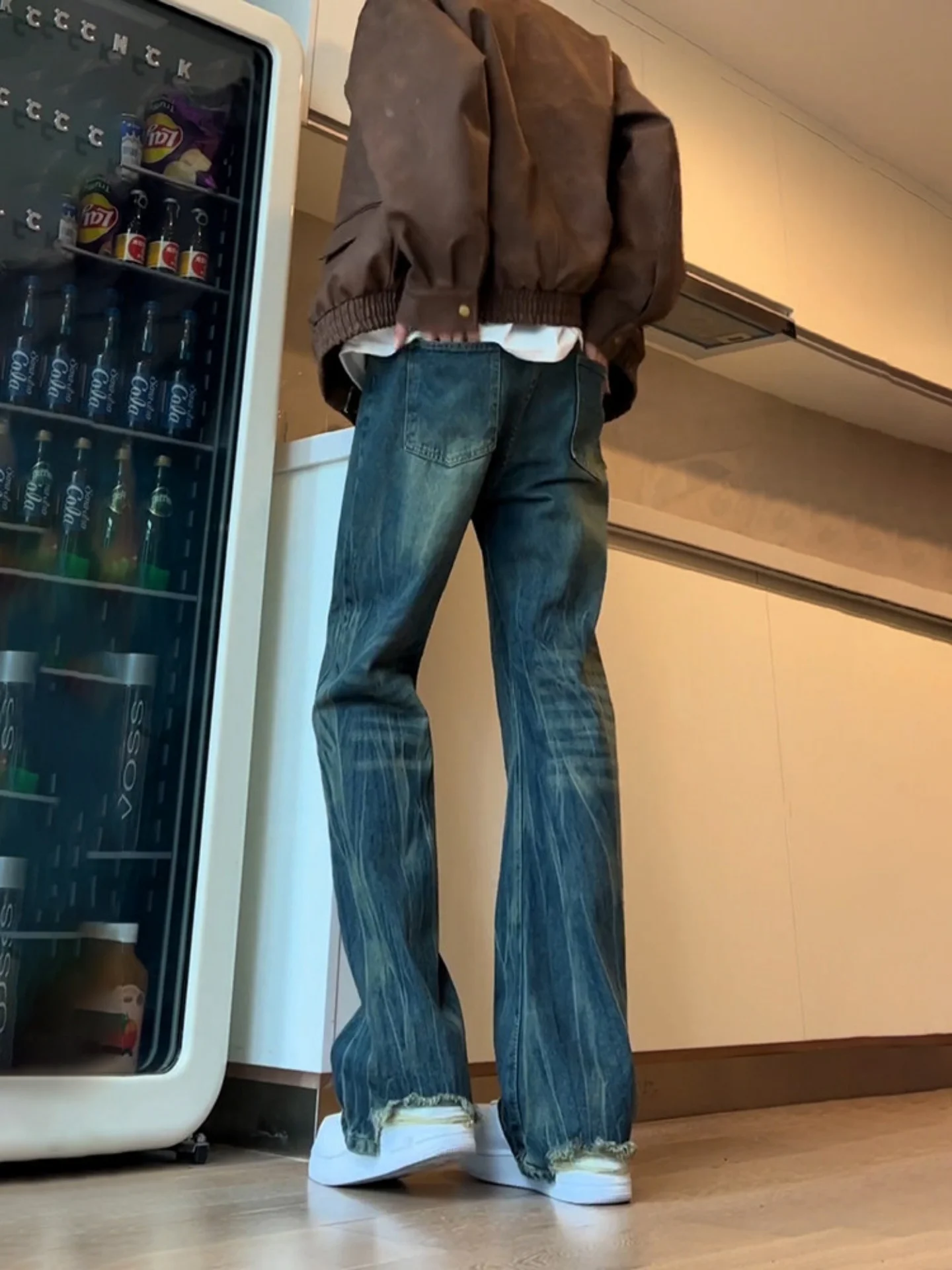 

Waed Vintage Blue Bamboo Pattern Men's Jeans High Waist Straight Leg Micro Flared Pants American Retro Sle Casual Denim