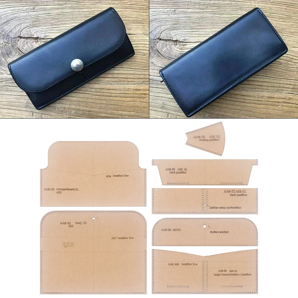 1set DIY Brown Kraft Paper Templates for Leather Flip Long Hand-Held Wallet Design Pattern Stencils