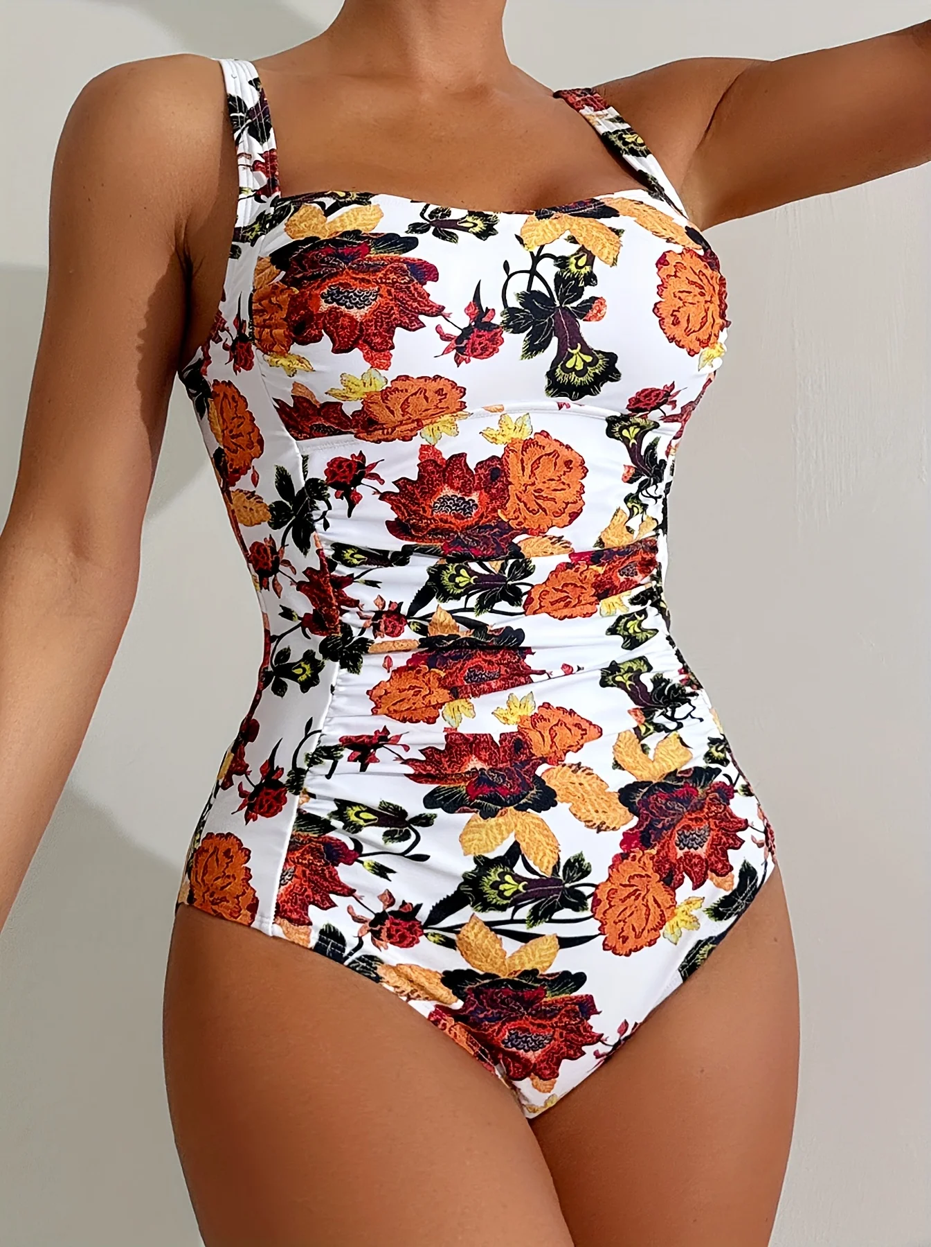 Siamese retro flowers adjustable wide shoulder belt + front fold cover meat thin side flat stitching swimsuit
