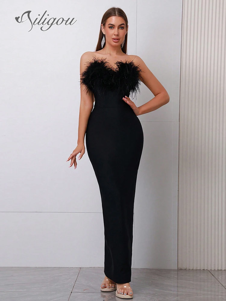 

Ailigou 2024 New Summer Women's Sexy Strapless Feather Maxi Black Bandage Dress Elegant Celebrity Party Evening Dress