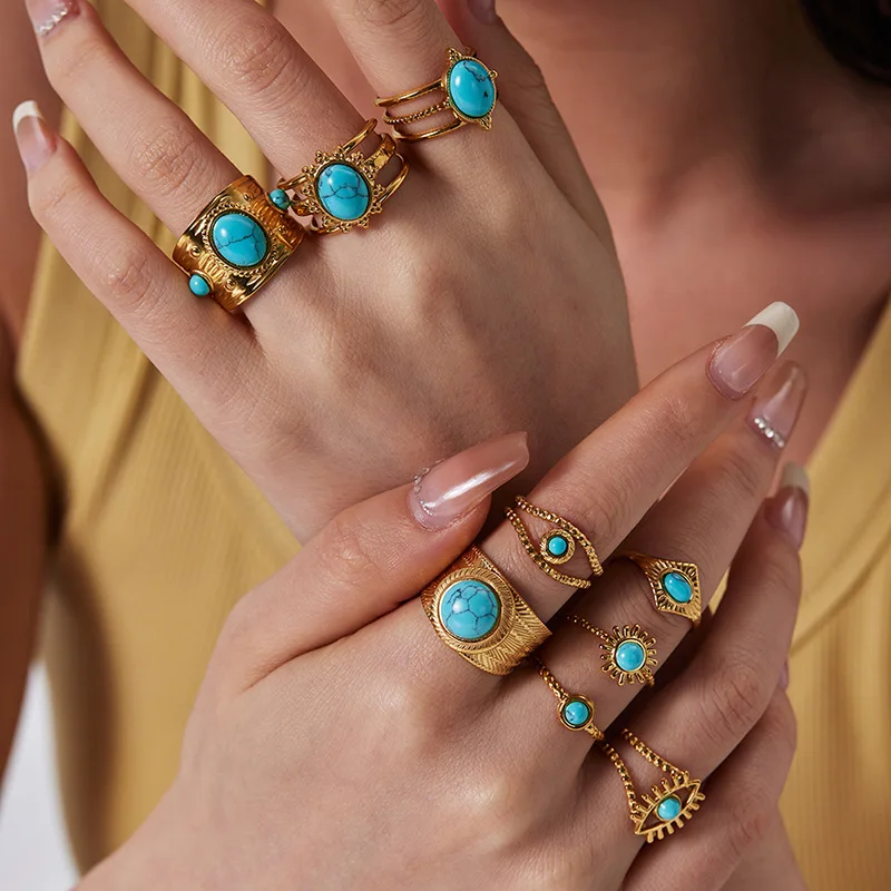 خواتم فيروزية قابلة للفتح للنساء باللون الذهبي