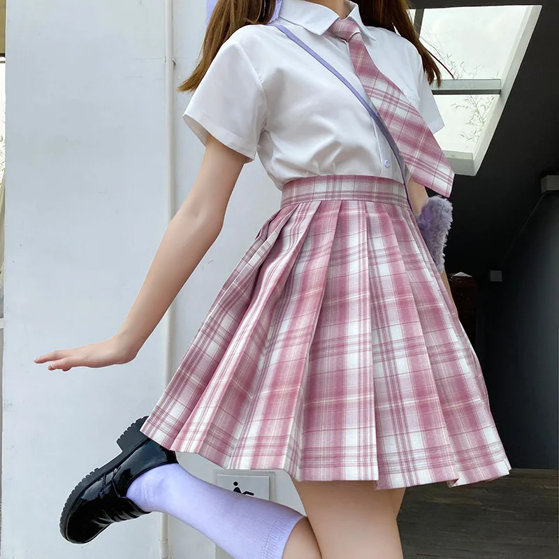 [Zui Mian] Long/Short sleeve Summer High Waist Pink Plaid Pleated Skirts Women Dress JK School Uniform Students Girls Clothes