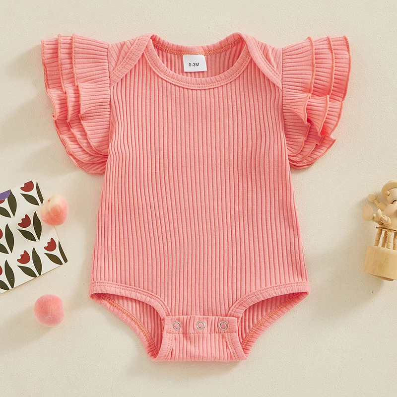 Newborn Baby Girls Rompers Solid Color Crew Neck Three Layered Fly Sleeve Infant Bodysuits Summer Clothes Ribbed Knit Jumpsuits