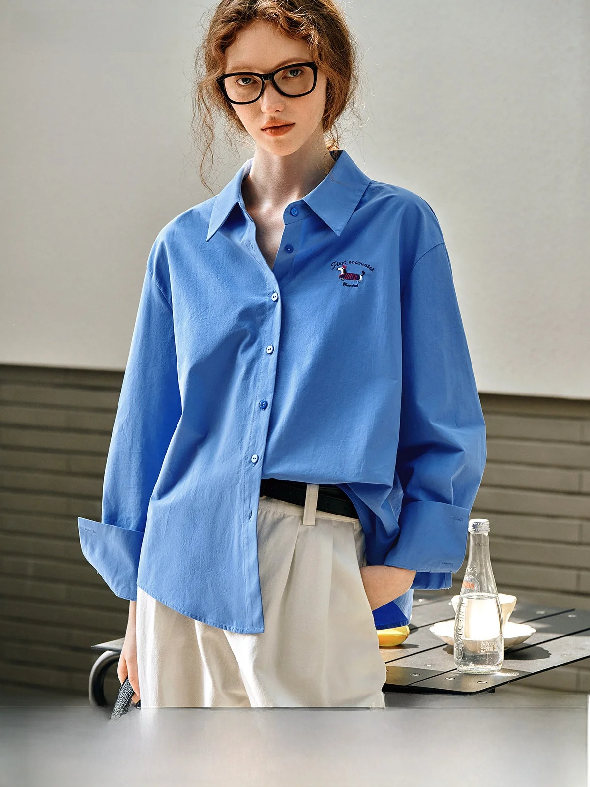 

OLrain Blue Women's irt Spring Autumn Commute Versatile irt Loose Fit Long Sve Button down Cotton Breathable