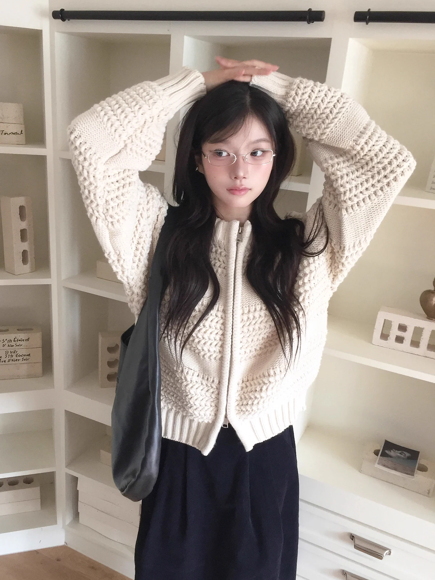 

Retro Heavyweight Knitted Zipper Sweater Coat Women's Winter New Sle Versatile Long Sve round Ne Pullover Faionable