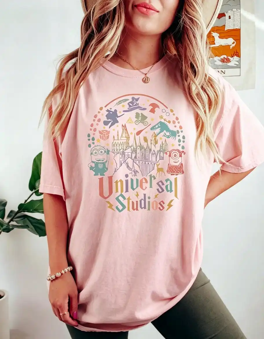 Amusement Park Element Casual Tee, Soft Watercolor Castle Cartoon Print Cotton Top For Theme Park Trip Daily Travel Outfits