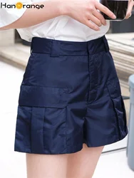 HanOrange 2024 Summer Cargo Big Pocket Shorts Women Loose Slimming Casual Shorts Light Green/Navy Blue