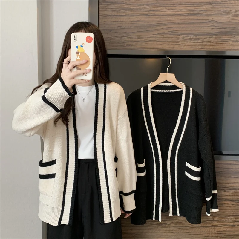 Varsity Cardigan Long Sleeve V-Neck Open-Front Sweaters Knit Jacket for Women Preppy Style