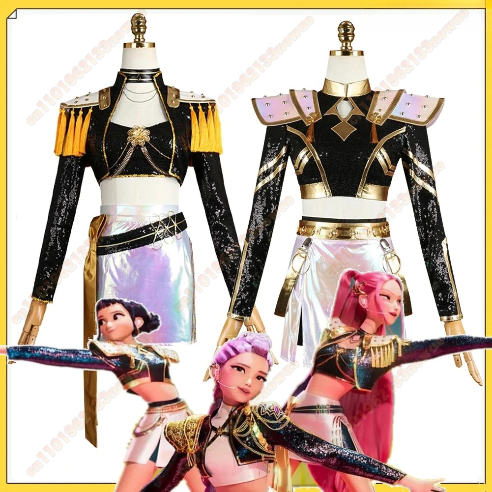 زي زوي ميرا شيطان أنيمي هنترز KPop للعب الأدوار التأثيري زي فريق الذهب الأسود زي نسائي لمرحلة الأداء بدلة الهالوين للبالغين