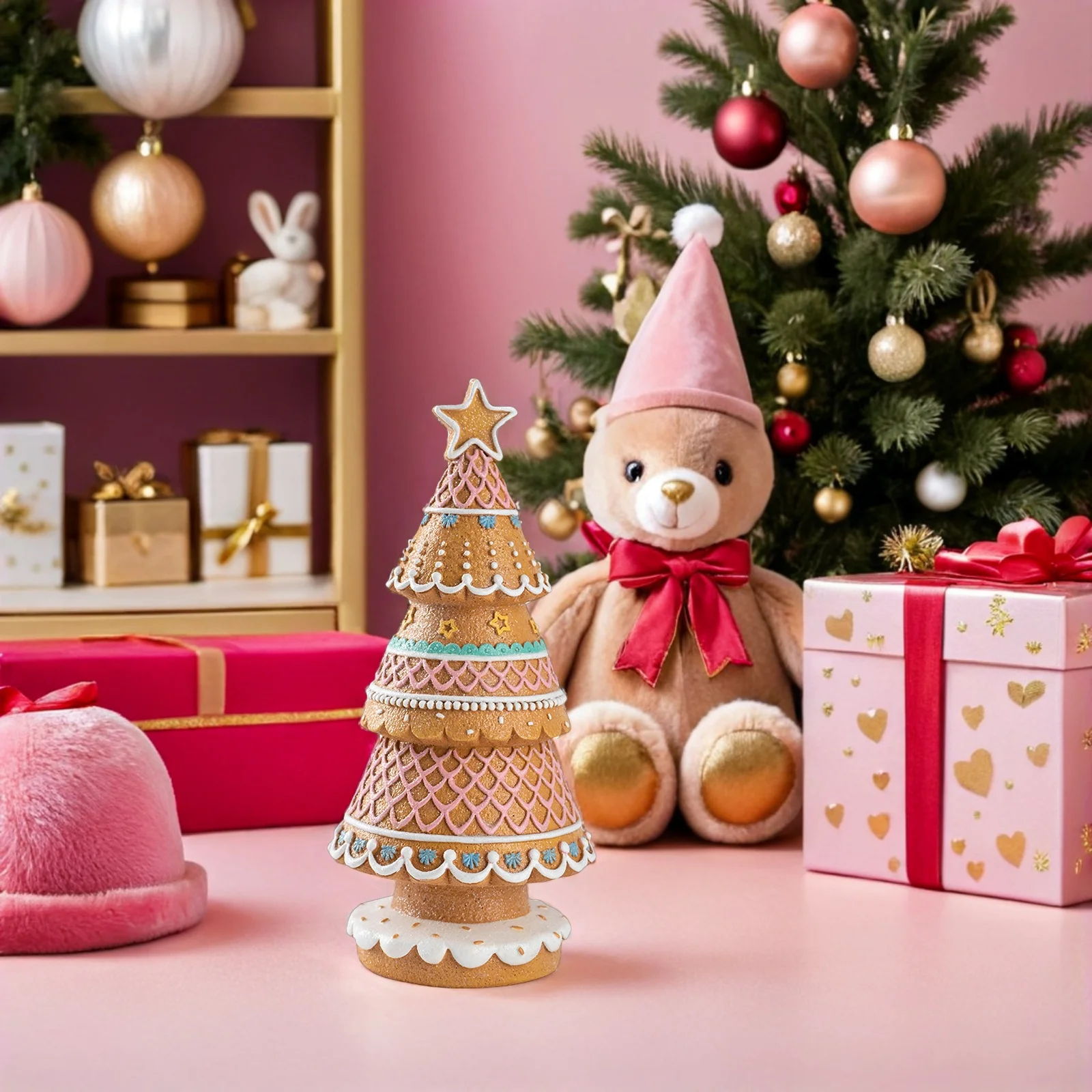 

Resin Gingerbread Christmas Tree Centerpiece Holiday Tabletop Decor for Winter Mantel Shelf Party Display Indoor Festive Home