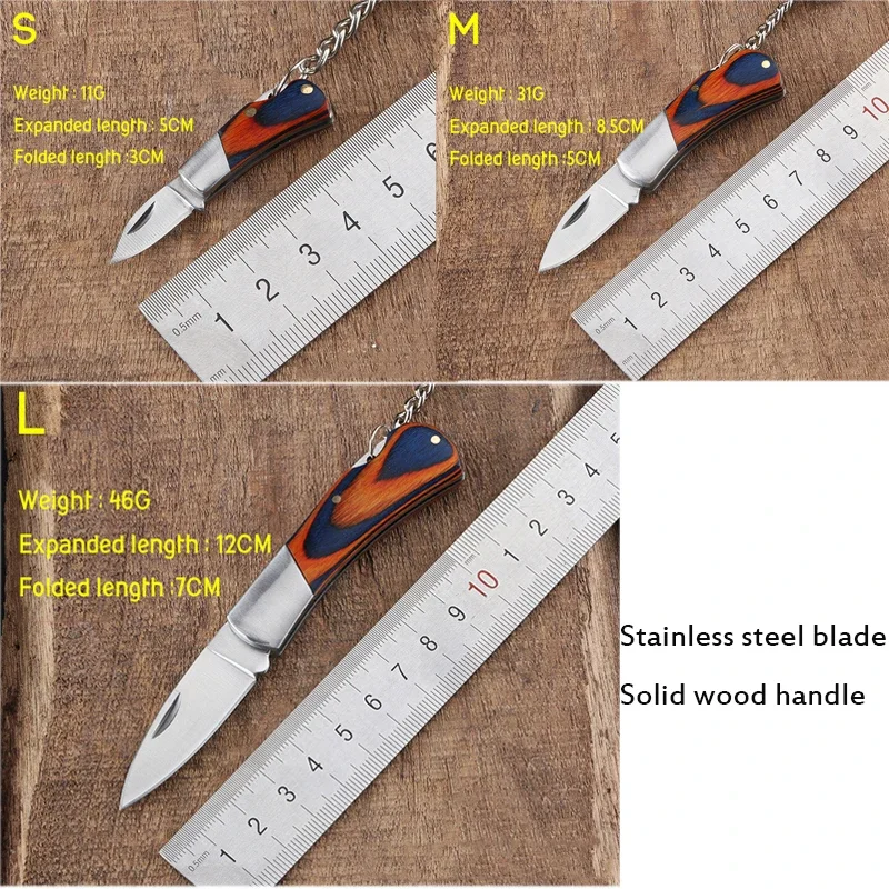 Mini Wooden Handle Folding Knife Stainless Steel Blade Portable Keychain Pendant Outdoor Survival Camping EDC Unboxing Knife