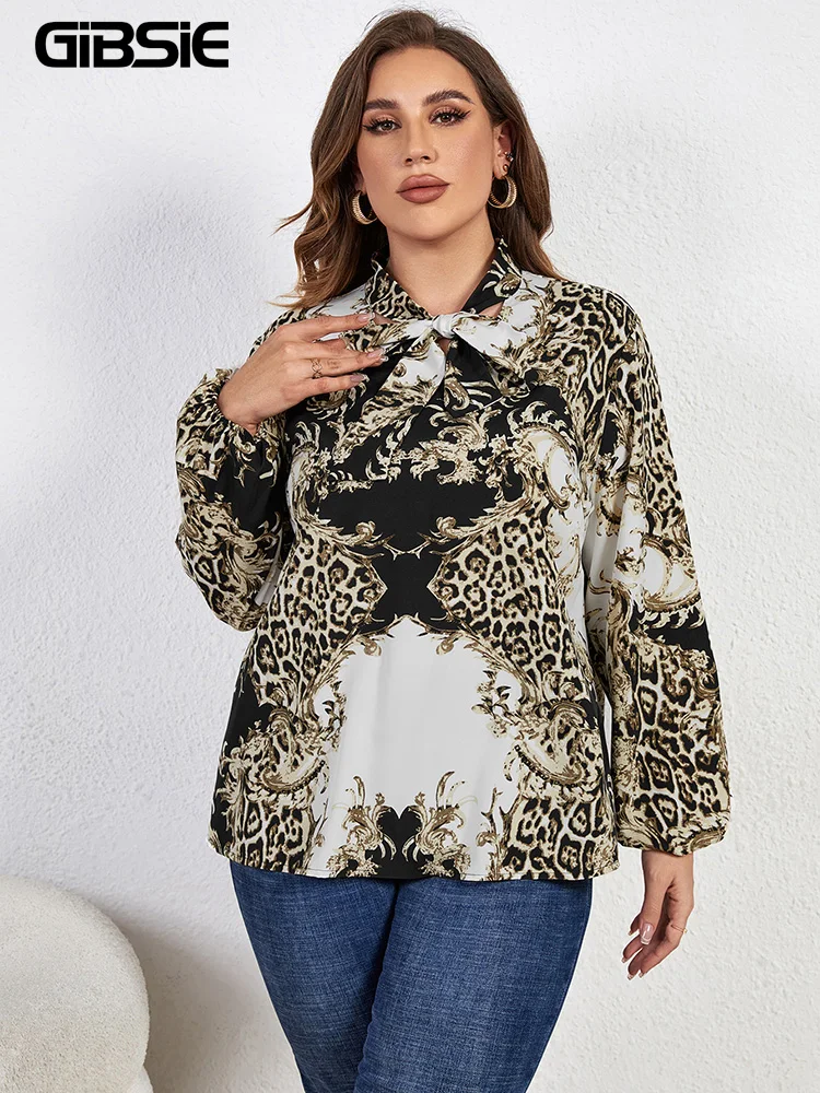 Gibsie Plus Size Vlinderdas Hals Casual Print Blouse Vrouwen Lente Herfst High Street Lantaarn Lange Mouw Mode Tops En Blouses