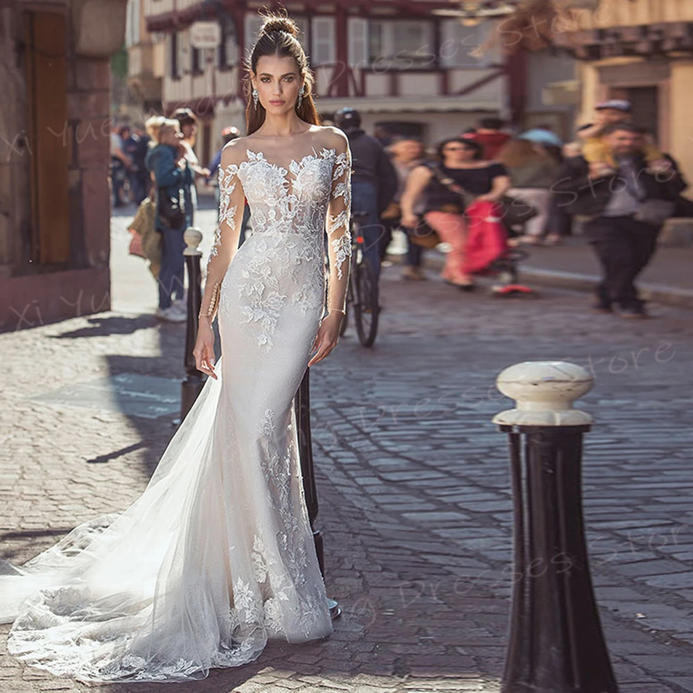 Vestido De novia De manga larga con apliques De encaje exquisitos para mujer, vestidos De novia elegantes, Vestido De sirena romántico Sexy