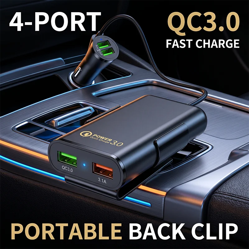 

Fast Charging 4-Port USB Car Charger 8A 40W with Back Seat Extension Hub Clip Quick Charge 3.0 For iPhone For Android Universal