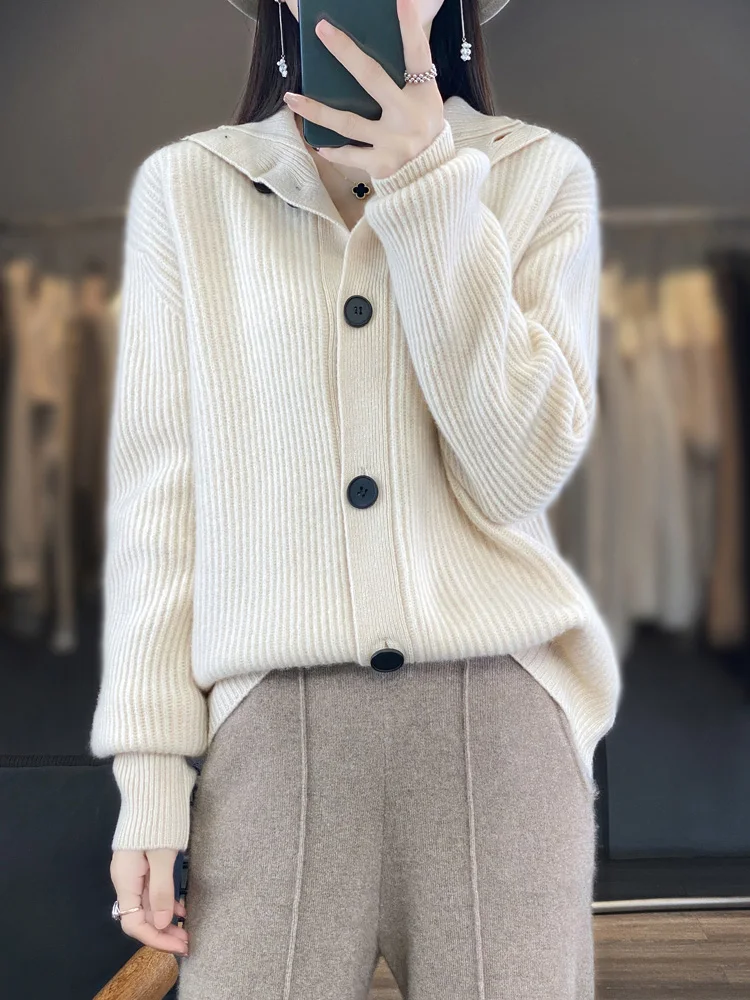 Thick Women Turtleneck Wool Cardigan Casual Loose Solid Sweater Autumn Winter 100% Merino Wool Knitwear Korean Coat Clothing