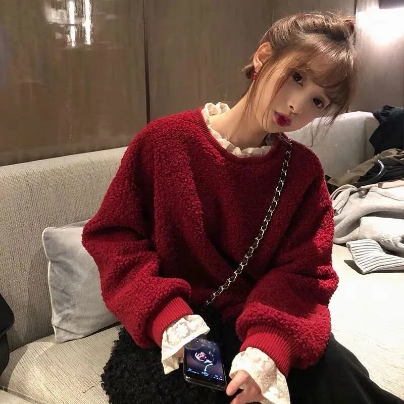 Christmas Sweet Fake Two Pieces Lamb Plush Hoodies Women Korean O-Neck Lace Splice Flounce Soft Thick Loose Winter Festival Wear