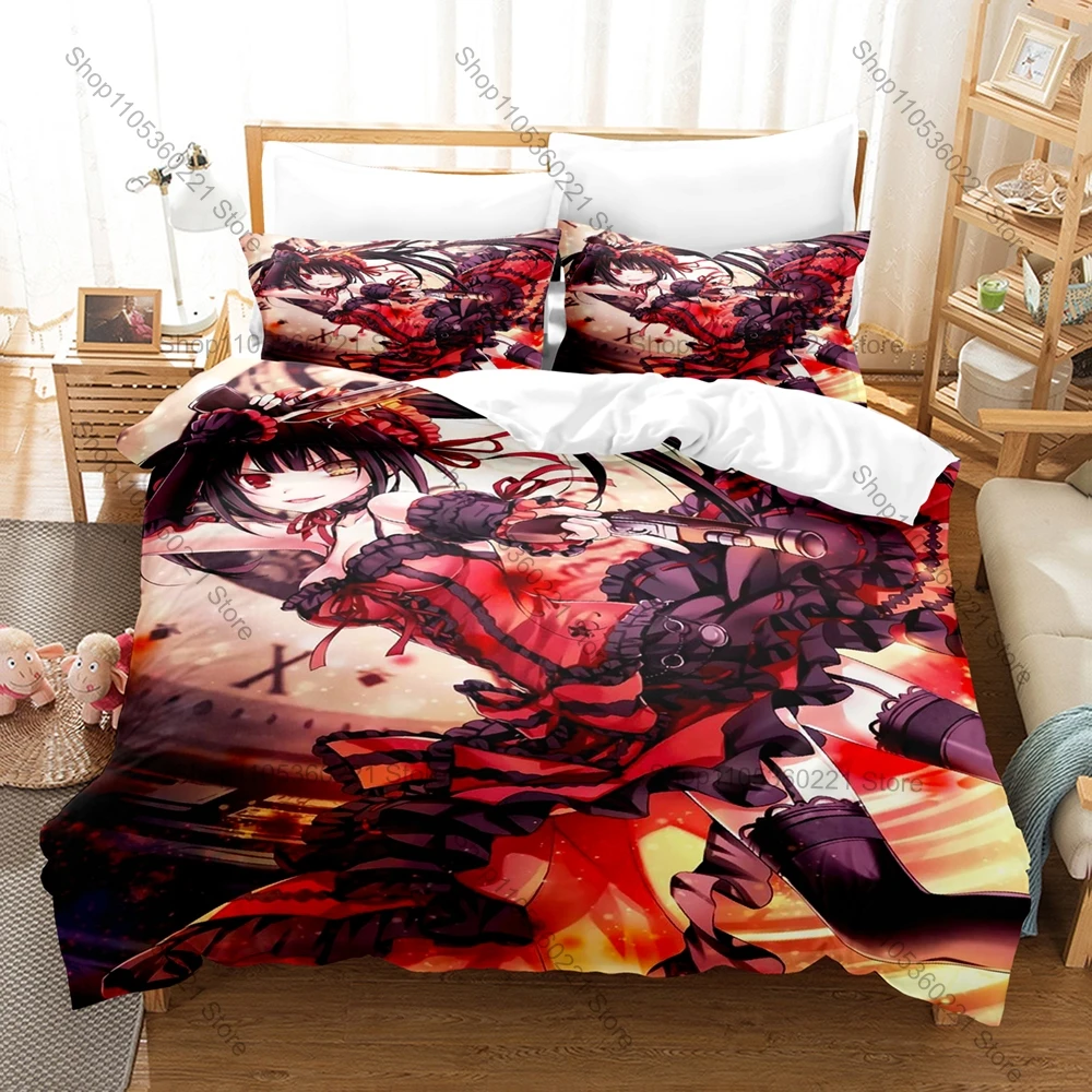 Cool Date A Live Kurumi Tokisaki Black Gothic Dress Spirit Form Bedding Set Duvet Cover + 2 Pillowcases Otaku Room Decor