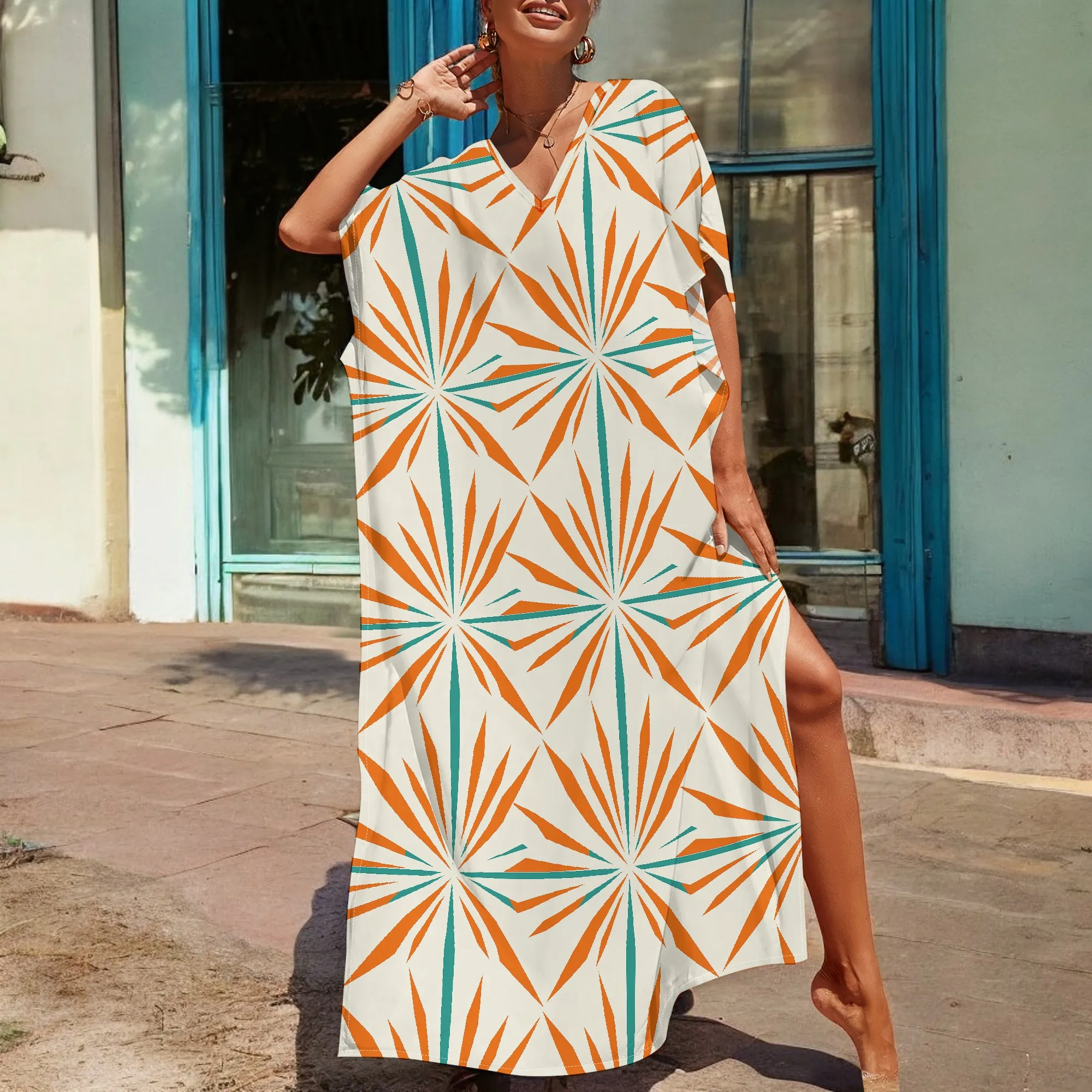 

Geometric Star Print Kaftan Dress S-3XL Afro Style V-Neck Loose Gown for Summer Vacation or Beach Party