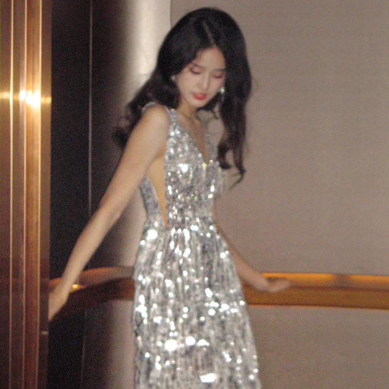 Vestido de fiesta de lentejuelas con borlas plateadas de lujo, vestido Formal Sexy con cuello en V sin mangas y espalda descubierta, vestido de fiesta de noche largo ajustado de cintura alta