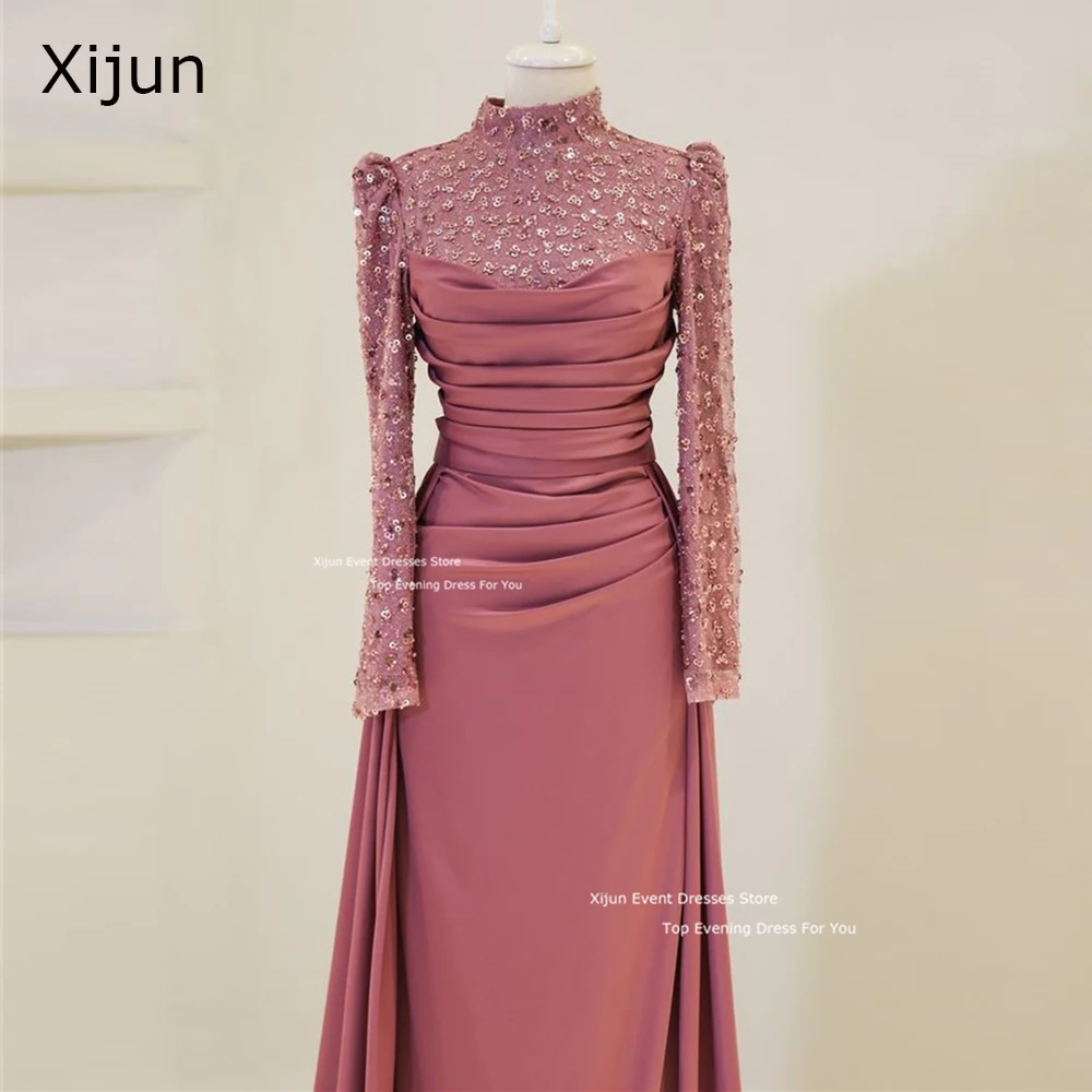 Xijun Modest Mermaid Evening Dresses Sequined Pearls Long Sleeves Prom Dresses Moroccan Kaftan High Collar Prom Gowns 2025 Women