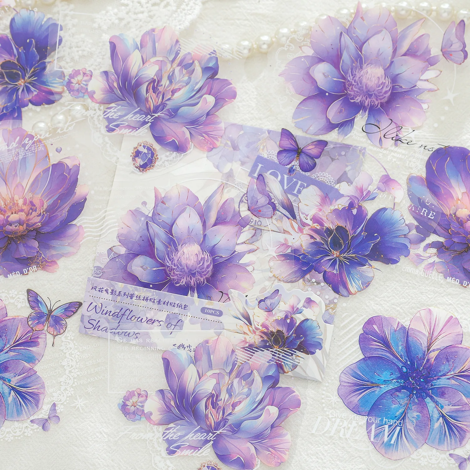10 Stück/Packung Windblumen-Schatten-Serie Aufkleber-Set, Spitzenaufkleber für Journal DIY Collage Dekoration