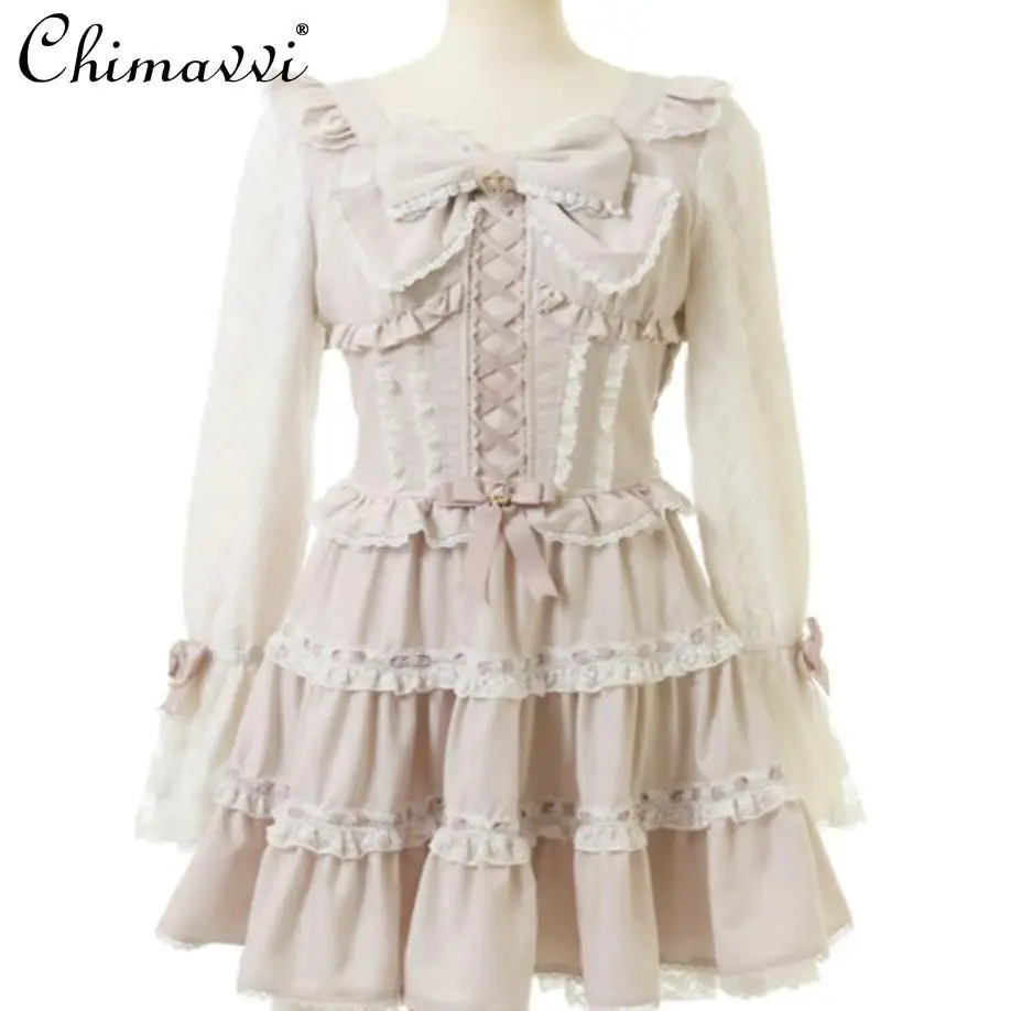 

Japanese Liz Sweet Girl Cute Bow Cake Dress 2025 Spring New Y2k Long-sleeved Slim Temperament Short Lolita Dresses Women