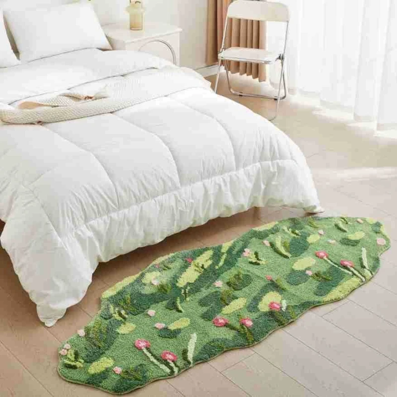 

Green bedside carpet bedroom flocked pastoral flower high and low hair living room small washable mat pastoral carpet