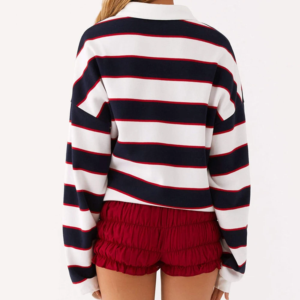 Gestreepte T-shirts Vrouwen Vintage Casual Turn-down Kraag Lange Mouw Losse Truien Vrouwelijke Herfst Chic Straat Shirts Tops Kleding