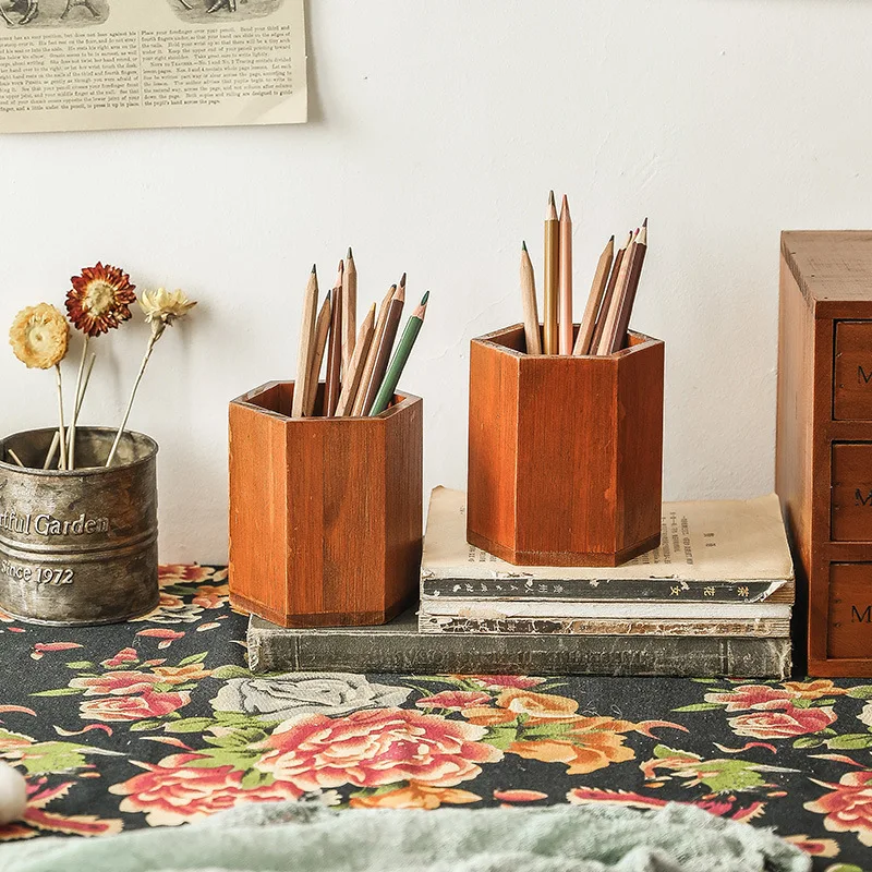 Portalápices de escritorio de oficina, caja de almacenamiento de madera, portalápices creativo de madera maciza, decoración de cubo de bolígrafo para estudiantes