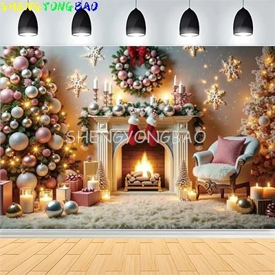 

Christmas Day New Year Party Photography Backdrops Prop Window Living Room Interior Xmas Tree Snow Theme Photo Background FN-16