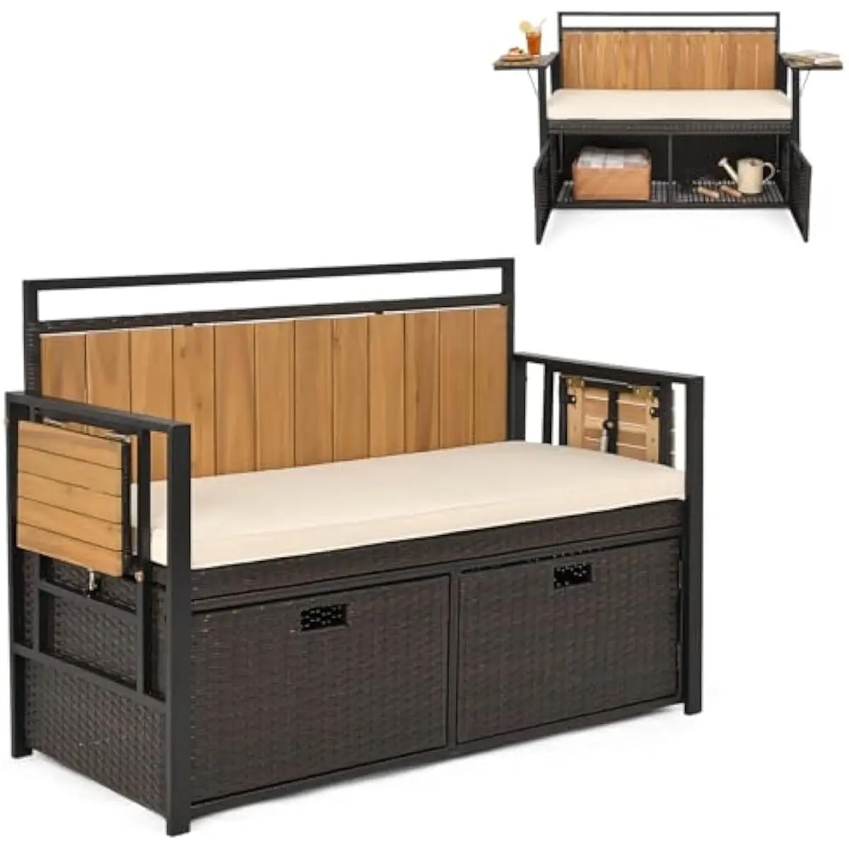 Outdoor Storage Bench with 2 Folding Side Tables and Cushion, PE Rattan Deck Box Loveseat with Acacia Wood Backrest for Patio Garden