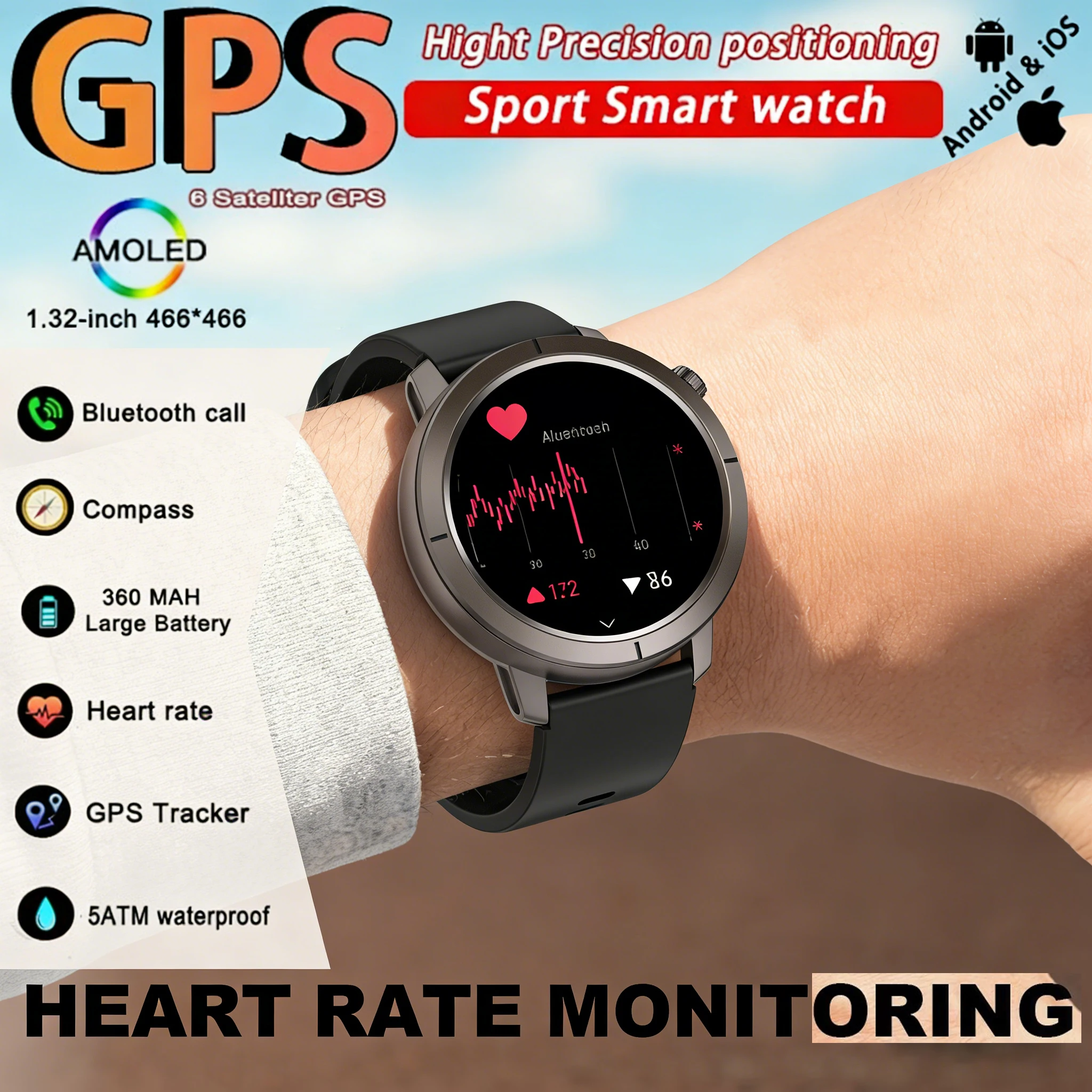 

GPS Smartwatch 1.32" AMOLED 200 Watch Faces Bluetooth Call 5ATM Waterproof 170 Sport Mode Smart Watch Compass Barometer Altitude