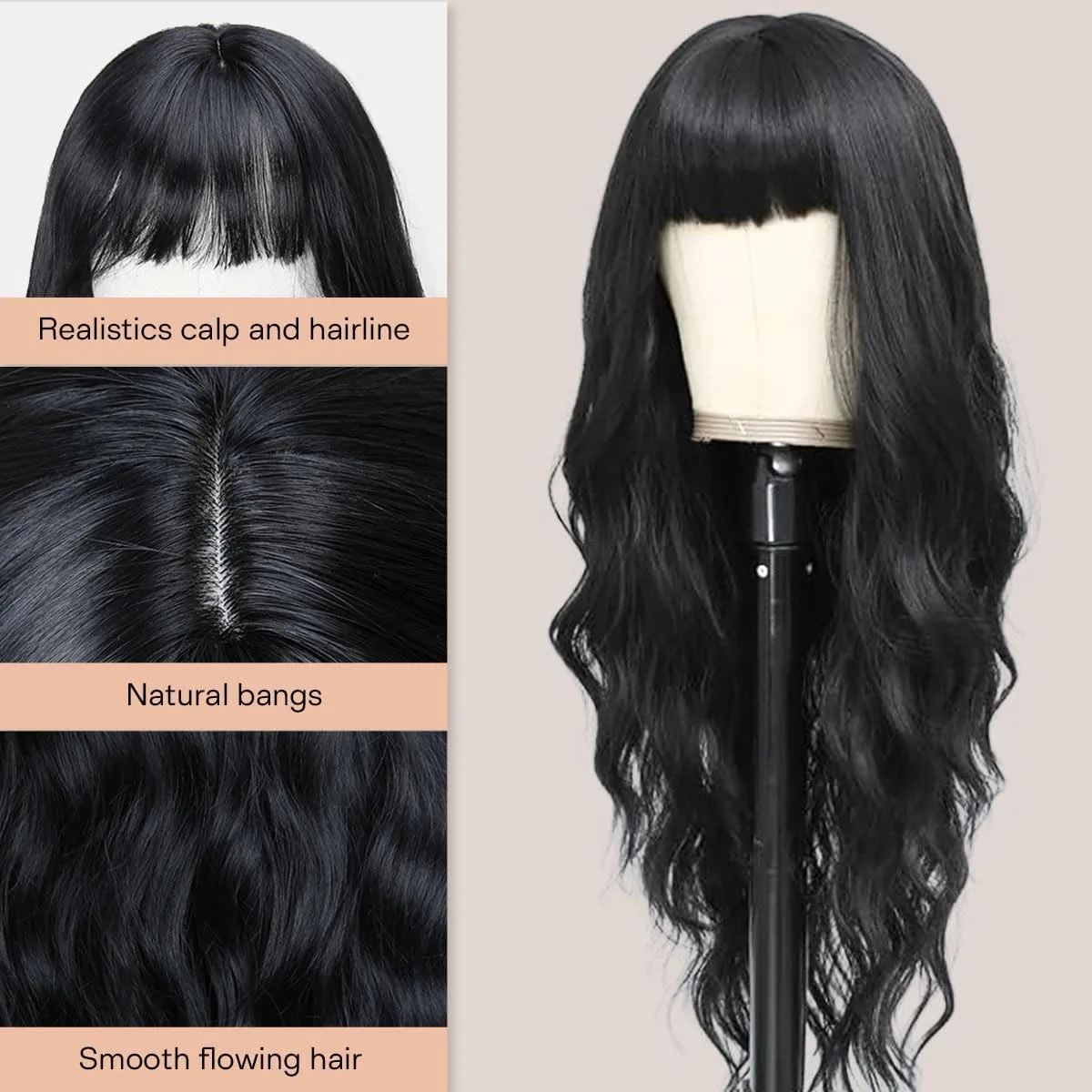 Black Wavy Synthetic Wig - Halloween Party Cosplay Character Costume Wig - Daily Wig - Heat-Resistant Hair Accessory