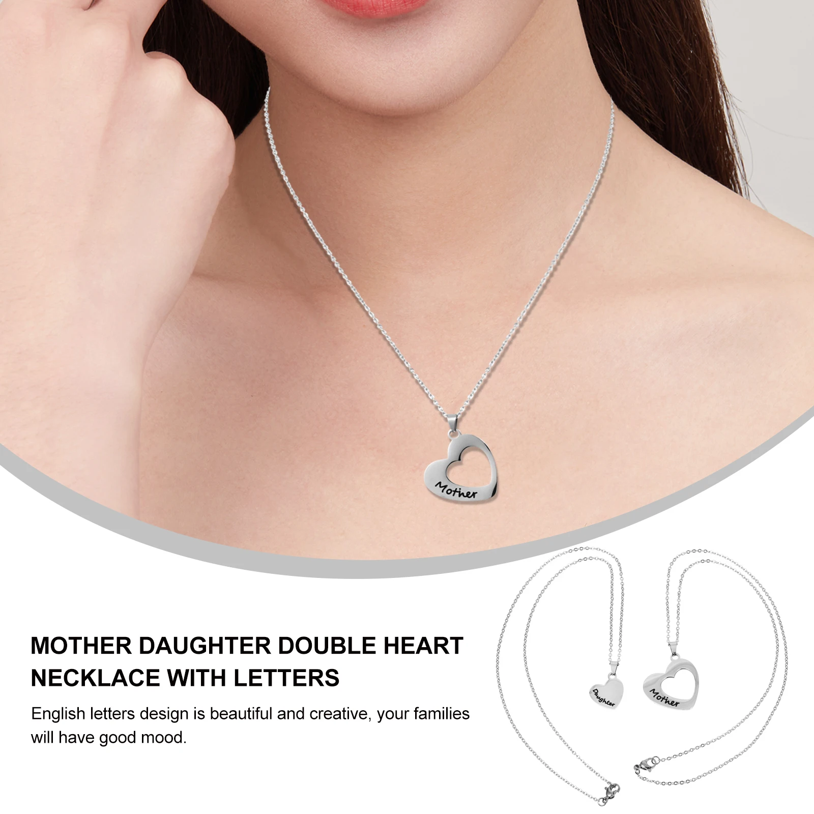 

2pcs Stainless Steel Heart Necklace Durable Lightweight Pendant For Mother'S Day Gift Women Party Festival Letter Design Chain