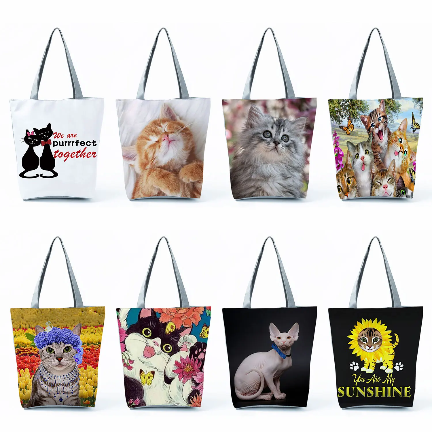 

Tote Foldable Custom Handbag Shopping Bag Portale Reusable Women Shoulder Bags Cute Animal Casual Floral Cat Print High Capacity