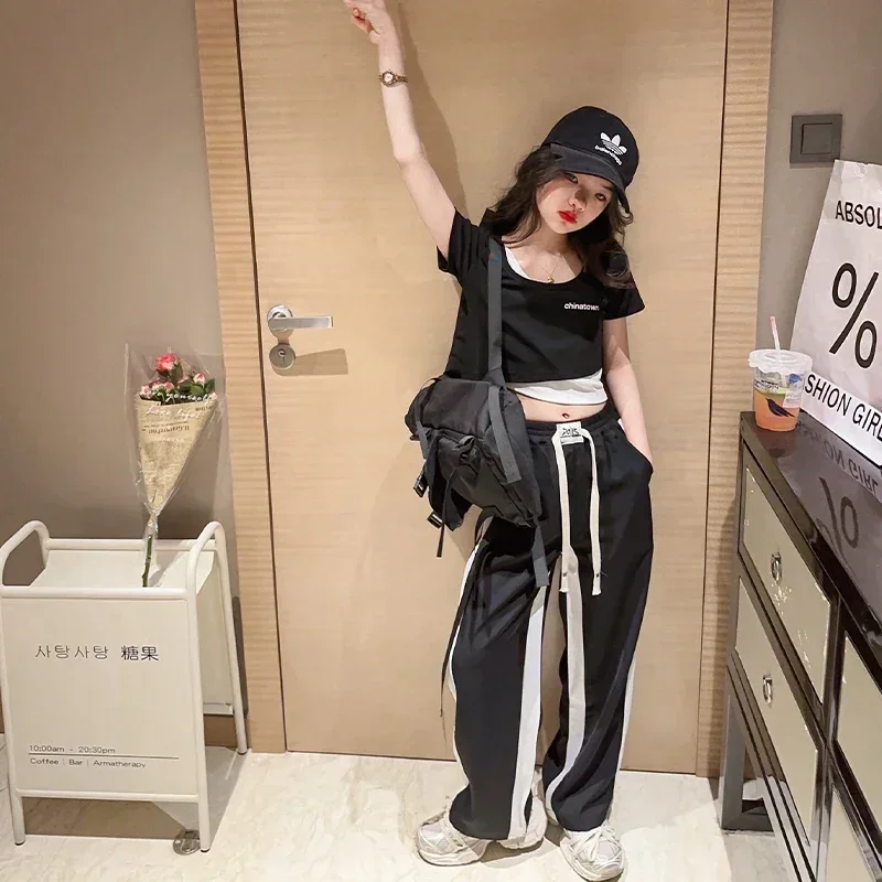

Summer Jazz Hip Hop Children Pants Outfits Modern Baby Girls Clothes Short Sleeved T-shirt Side Patchwork Stripe Sweatpants Suit
