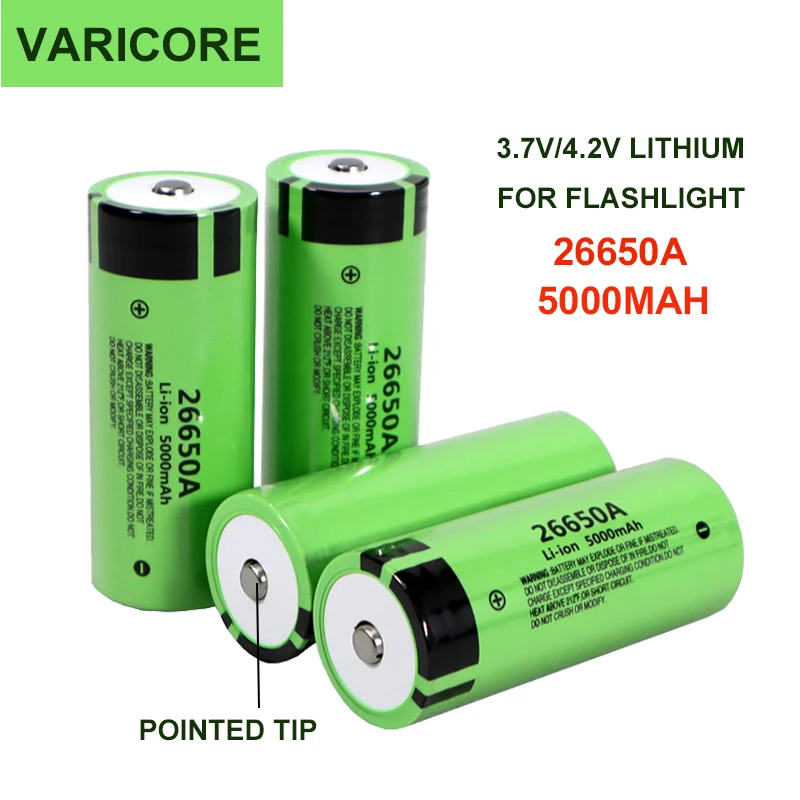 Original New 3.7V 26650A 5000mA Li-ion Battery Rechargeable battery Discharger 20A Power with Pointed Tip for Flashlight