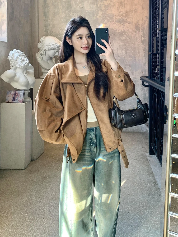 

Retro Style Coffee Color Jacket And Jeans Set plus Size Women's Fashion Autumn Collection Comfortable Breathable Polyester Fiber