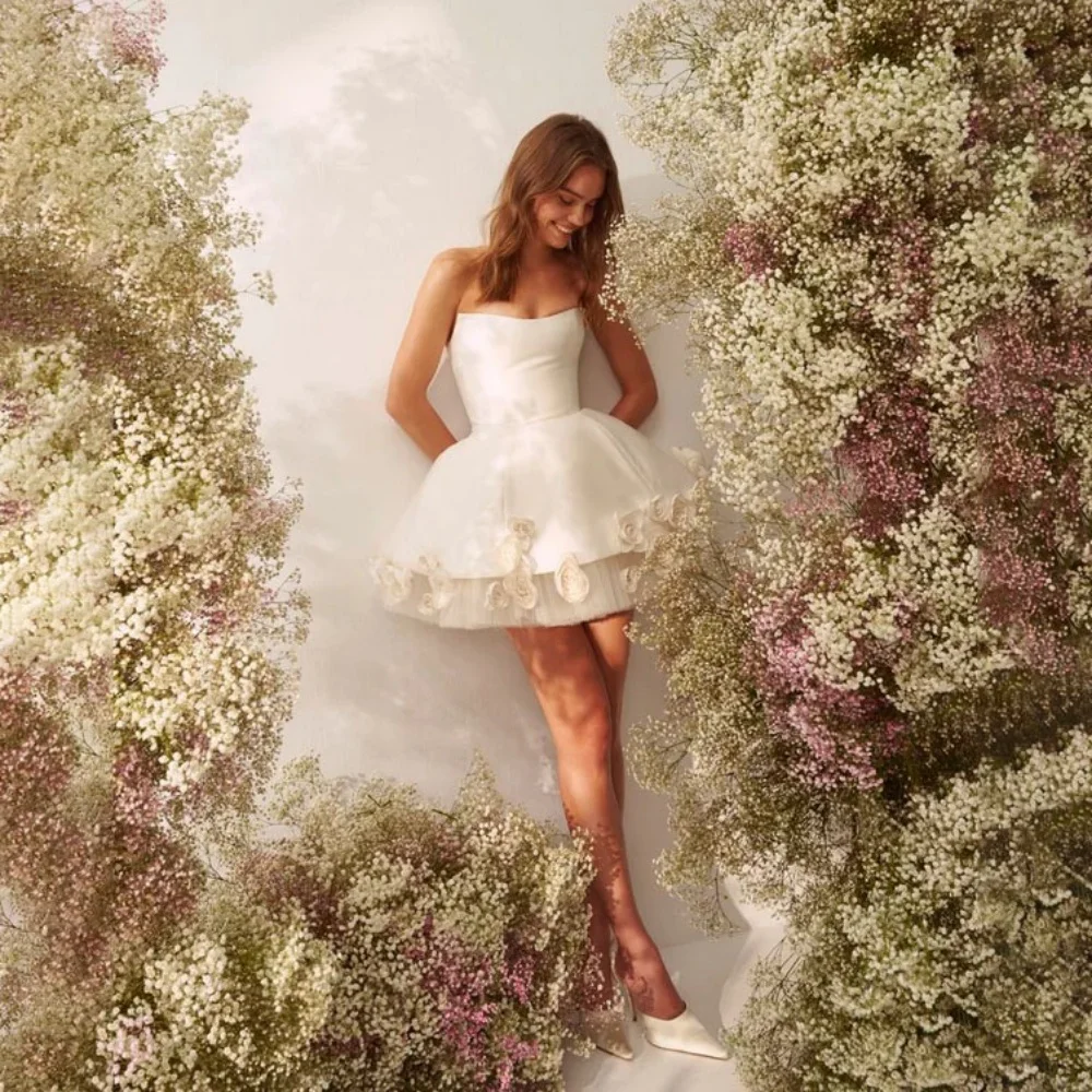 

Scoop-neck Flower Wedding Dress Sexy Zipper Bridal Dress Charming Sleeveless Short Bridal Gown Vestidos De Novia Customized