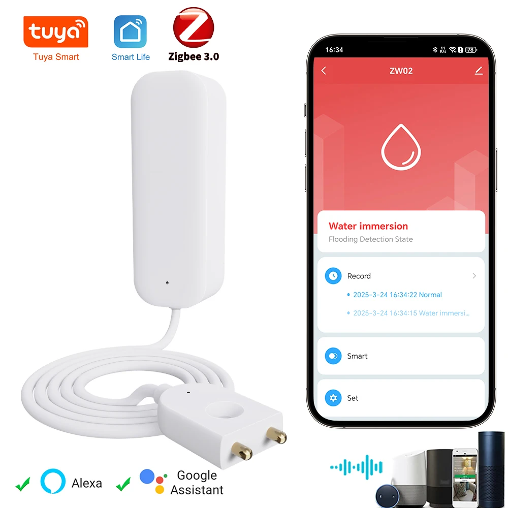 Tuya Zigbee 3.0 Sensor de vazamento de água APP Controle remoto funciona com Alexa Smart Life Yandex Alice