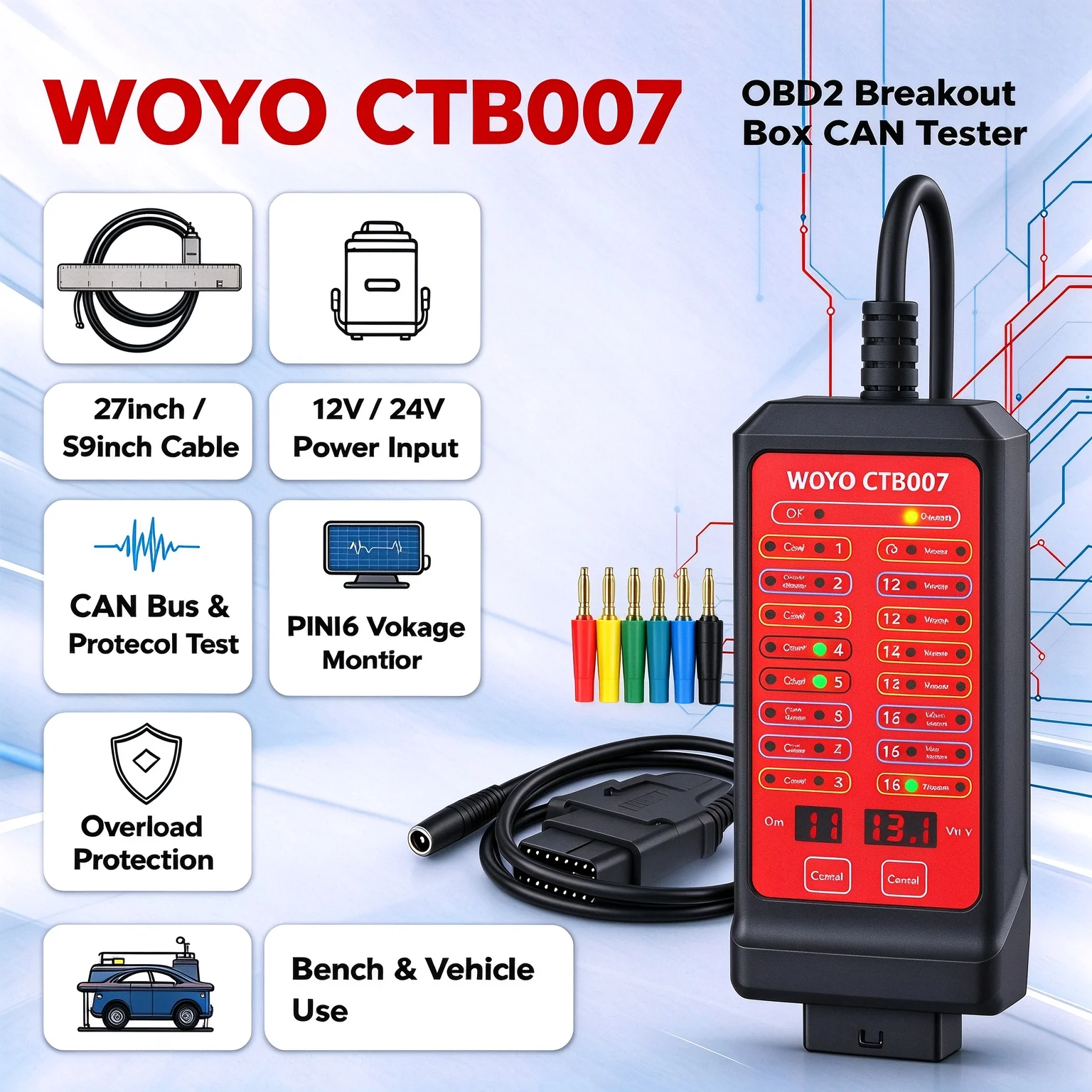WOYO CTB007 CAN Tester Box OBD2 Breakout Box Protocol Detector 12V 24V with 27/59in Cable 16Pin Car Automotive Diagnostic Tool