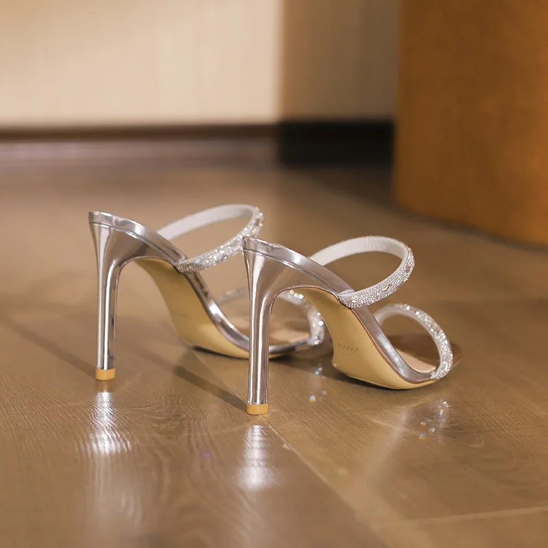 2026 Women's Silver Rhinestone Strap Pointed Toe Stiletto High Heel Sandals Q-708