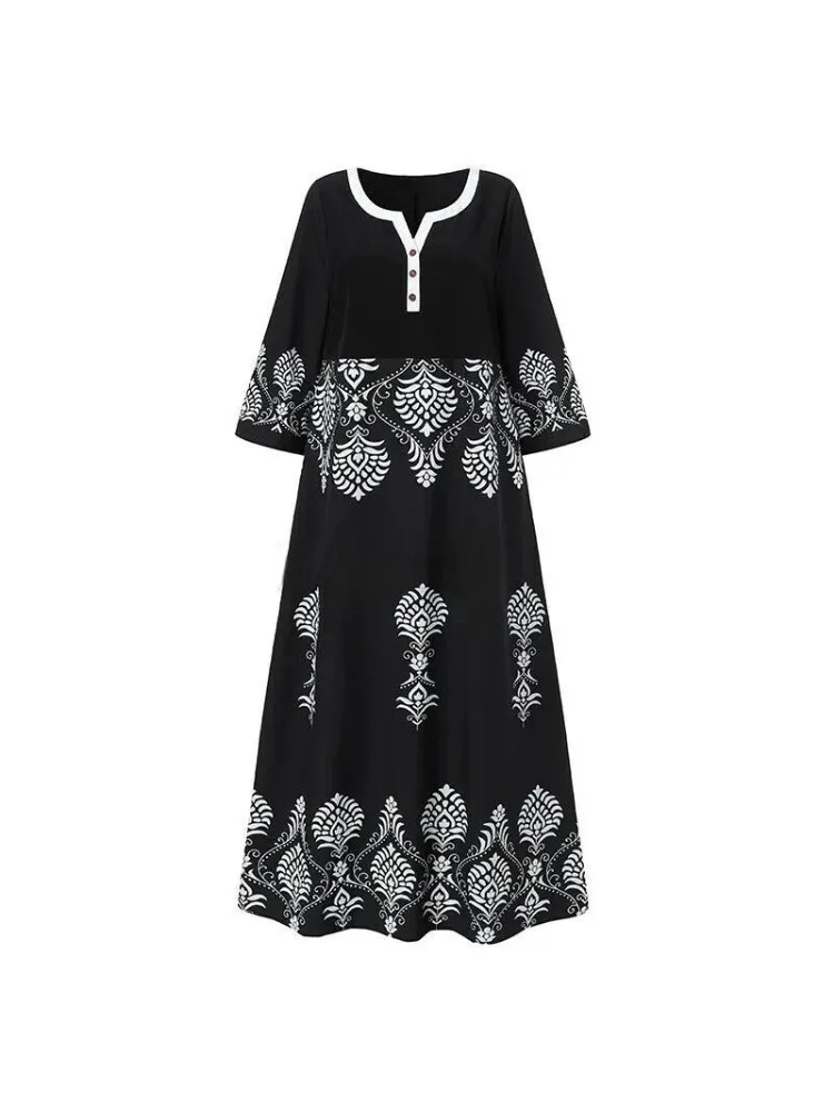 Women\'s Spring/Summer Fashion Middle Sleeve Printed Design Long Dress Loose Simple Button Dress Casual Versatile Long Dress