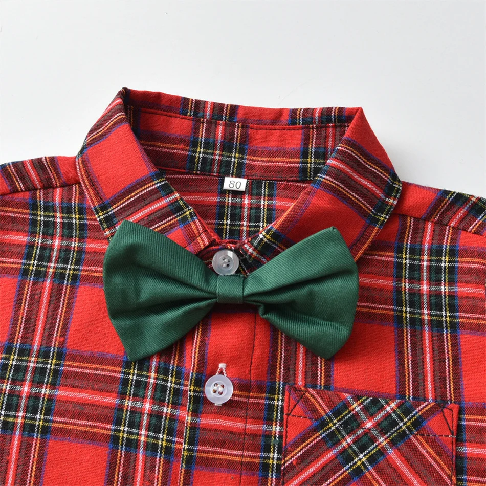 New Toddler Autumn Winter Long Sleeves Plaid Shirt Rompers Boys Christmas Party Bow Tie Costume Festival Event Formal Kid Outfit