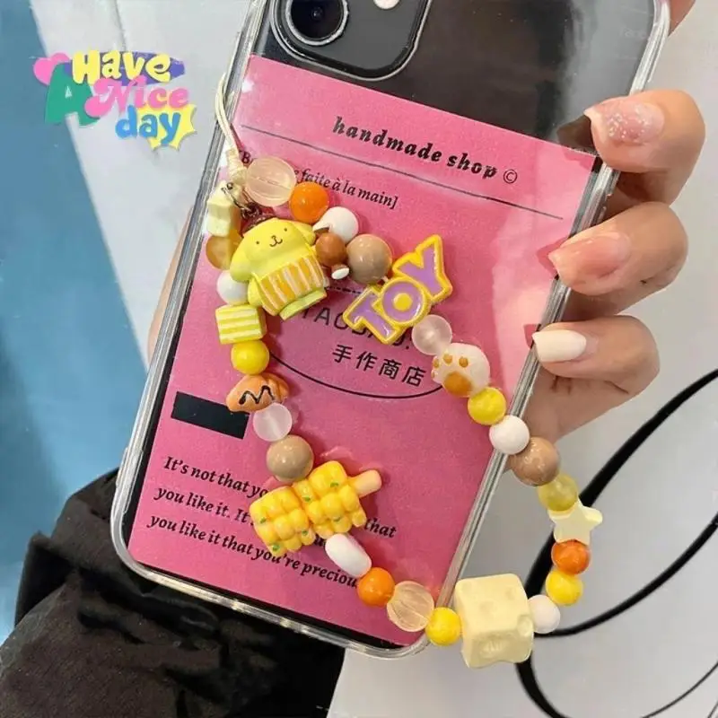 Kawaii Sanrio Pom Pom Purin Beaded Mobile Phone Chain Cute Anime Cartoon Ccd Pendant Keychain Backpack Decoration Holiday Gifts