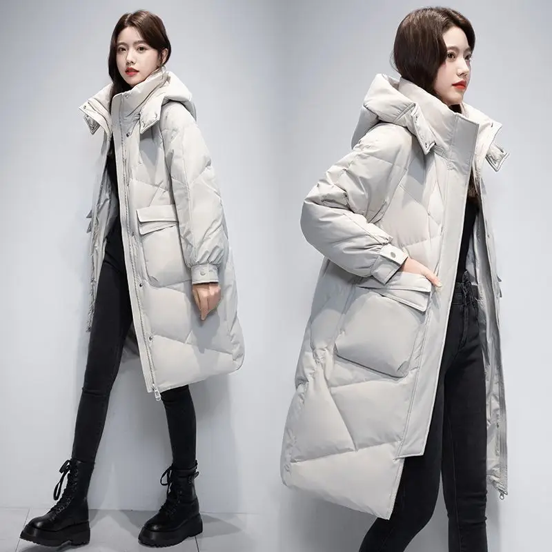 Women's Casual Solid Color Long Sleeve Outerwear Hooded X-Long Parkas Jacket 2023 Winter Oversized Single Breasted Warm Coat