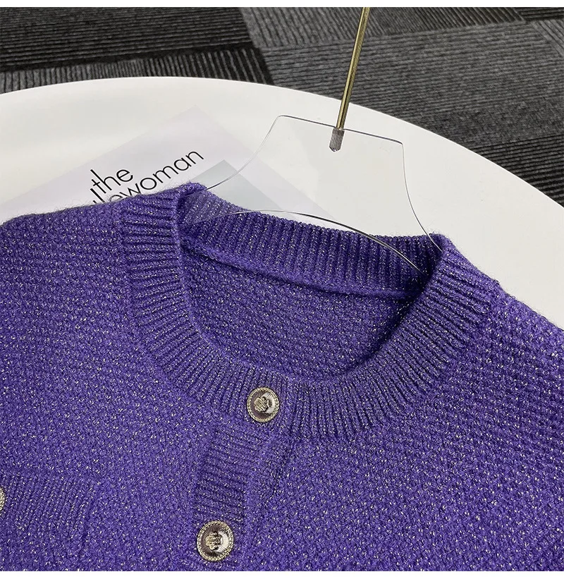 

Purple short cardigan, round neck, versatile patch pocket knit sweater jacket, 2024 autumn/winter new French style