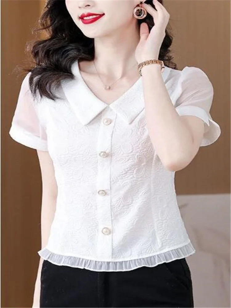 

Doll Neck Short Sleeve Top Women Blouses Jacquard Shirt For Women Slim Fit Summer Clothes Mesh Stitching Grace Feminine Blusas