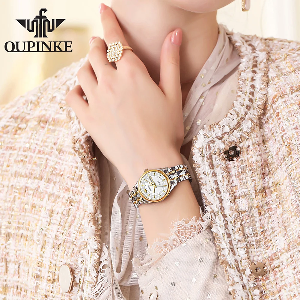 OUPINKE 3170 Deep Waterproof Automatic Watch For Women Dual Calendar Mechanical Hand Clock Stainless Steel Luxury Woman Watches